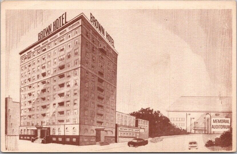 DES MOINES, Iowa Postcard THE BROWN HOTEL Artist\'s Street View c1950s Unused