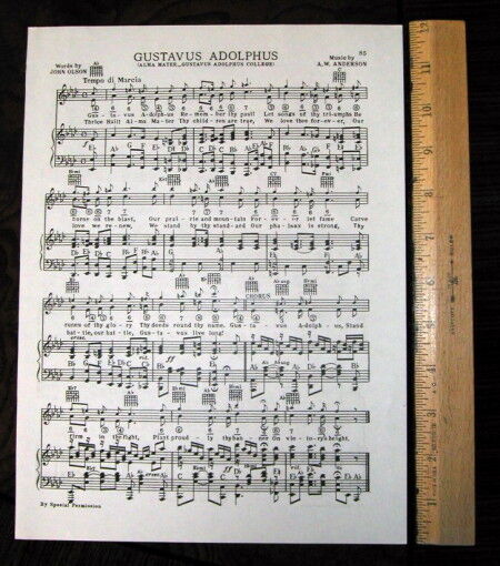GUSTAVUS ADOLPHUS COLLEGE Vintage Original Song Sheet c 1938