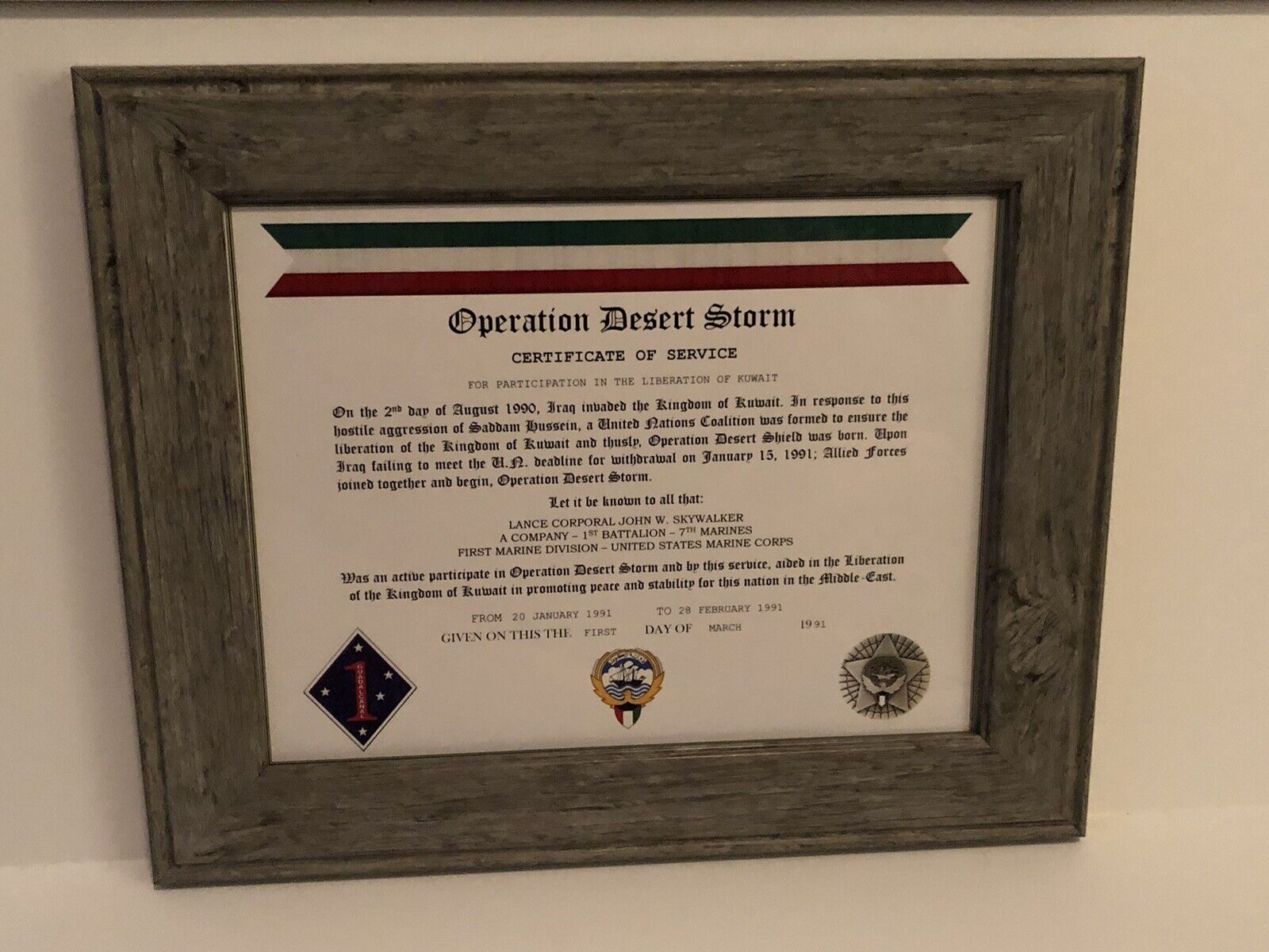 OPERATION DESERT STORM CERTIFICATE OF SERVICE w/Free Printing