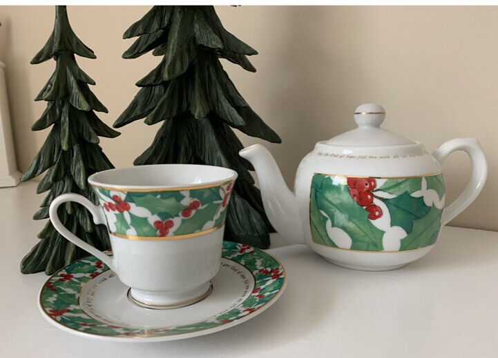 Dayspring Christmas  4pc Teapot  Cup And Saucer Set, Holly And Berries Rom 15:13