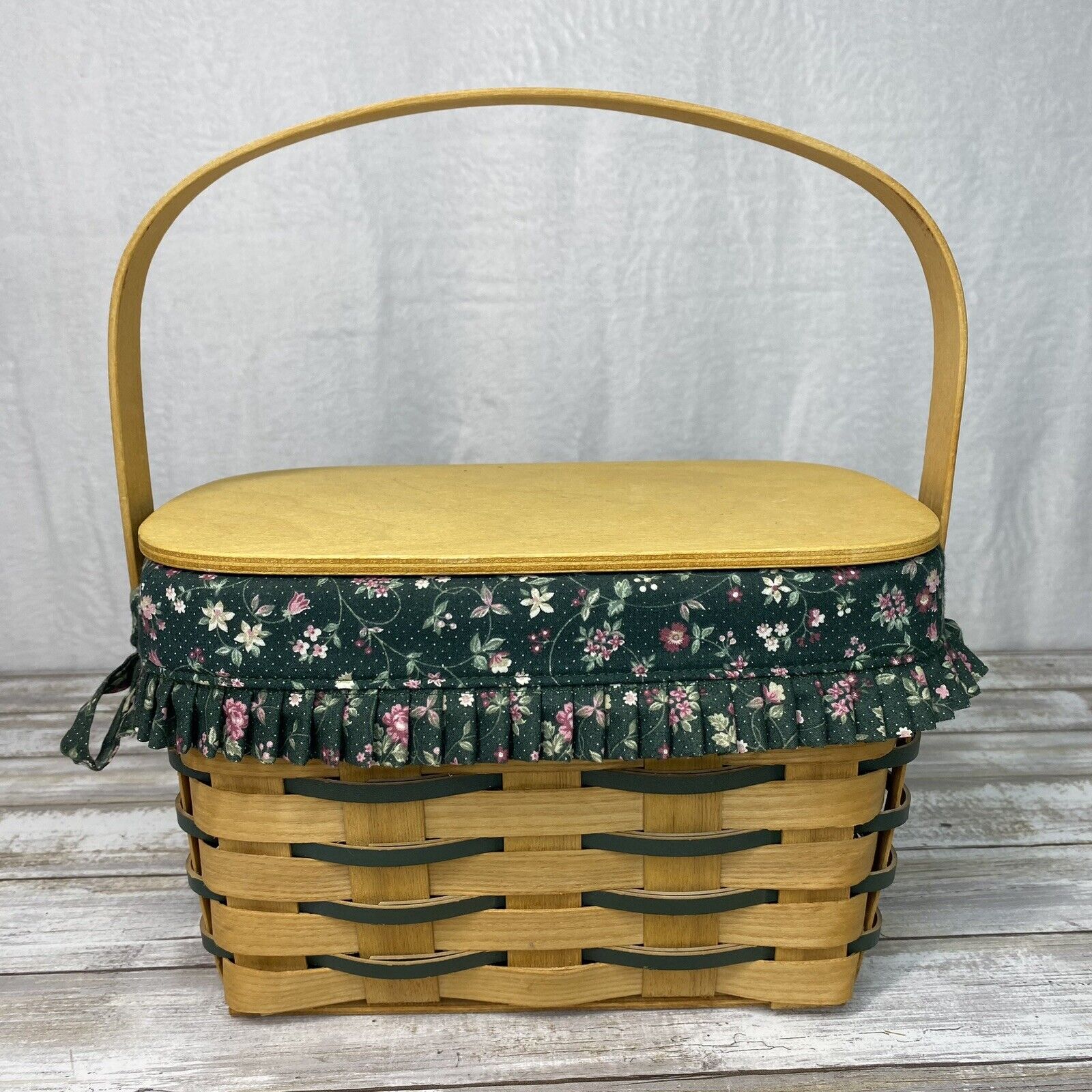 Peterboro Basket Storage Basket Floral Liner Green Leather Inserts Swing Handle