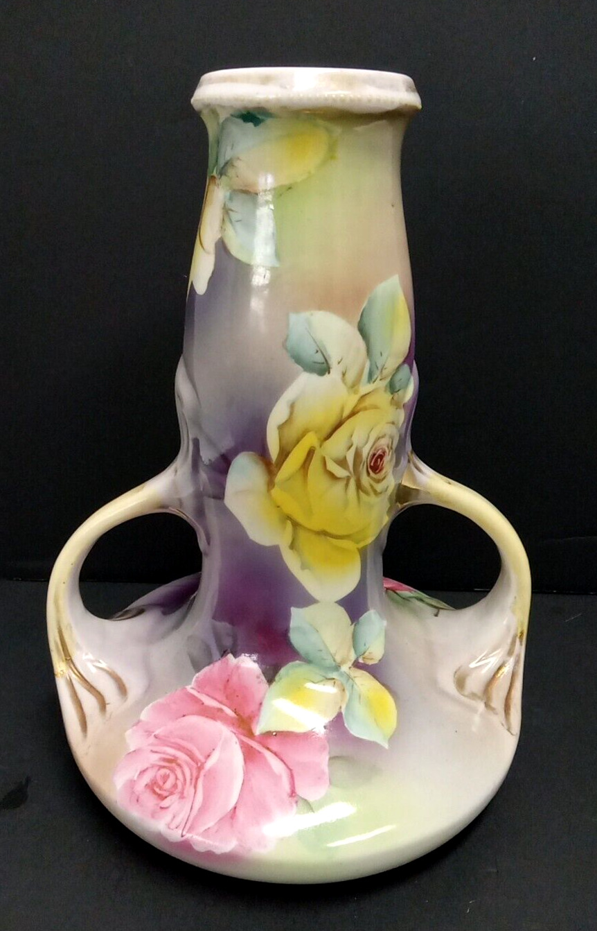 VTG Hand Painted Double Handle Ceramic Vase Low Flat Belly Pink Yellow Flowers