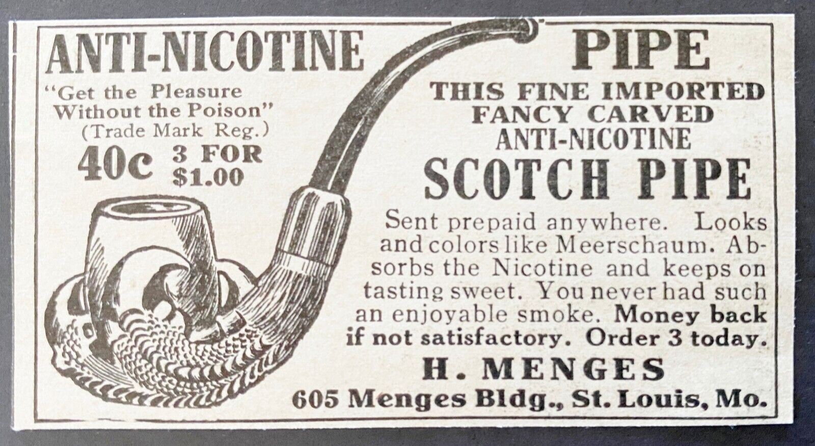Antique1910 SCOTCH PIPE Vtg Print Ad~Anti-Nicotine Smoking Fancy Carved Claw Pic