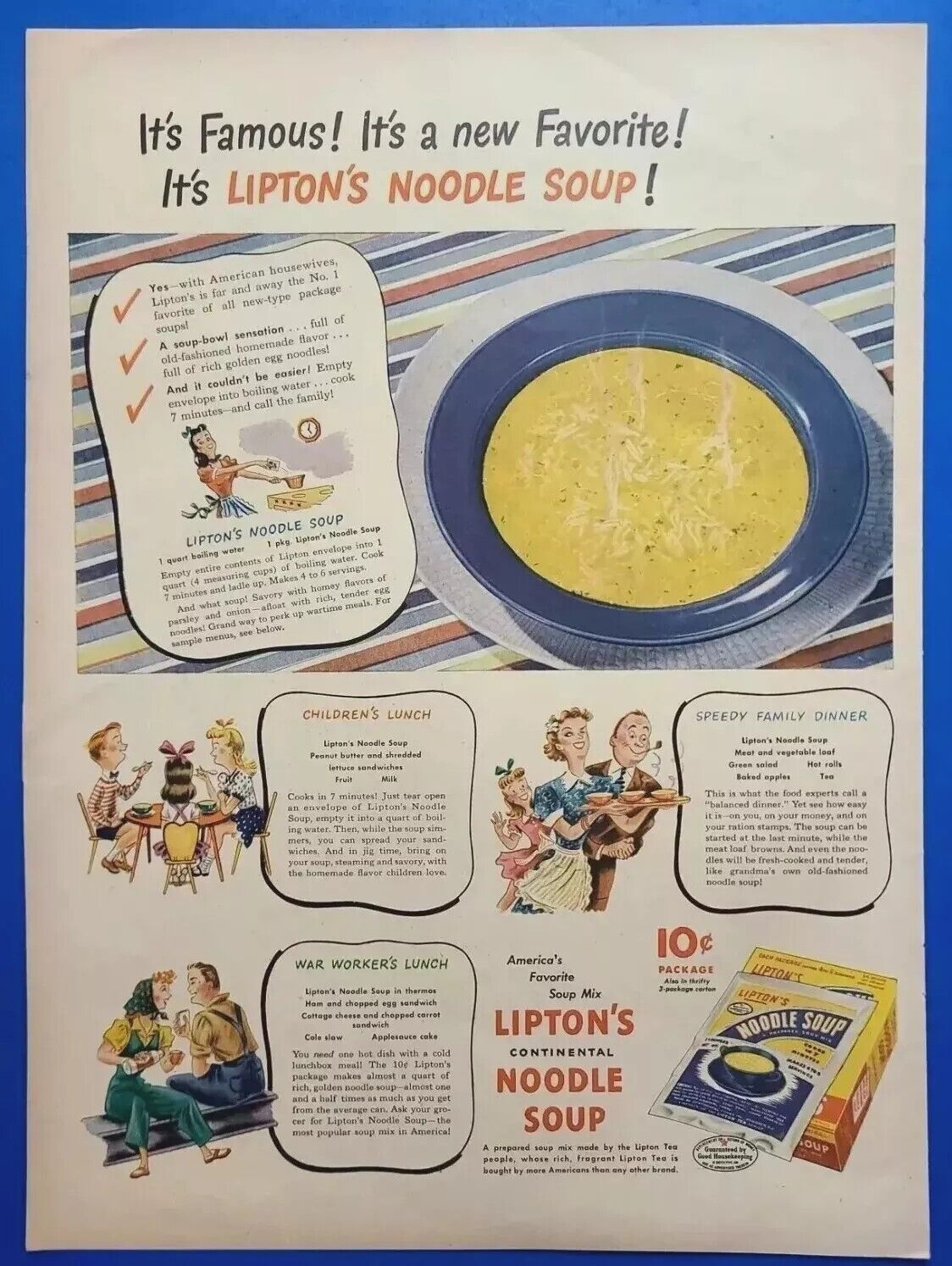 1944 Lipton's Continental Noodle Soup It's Famous Vtg 1940's Magazine Print Ad