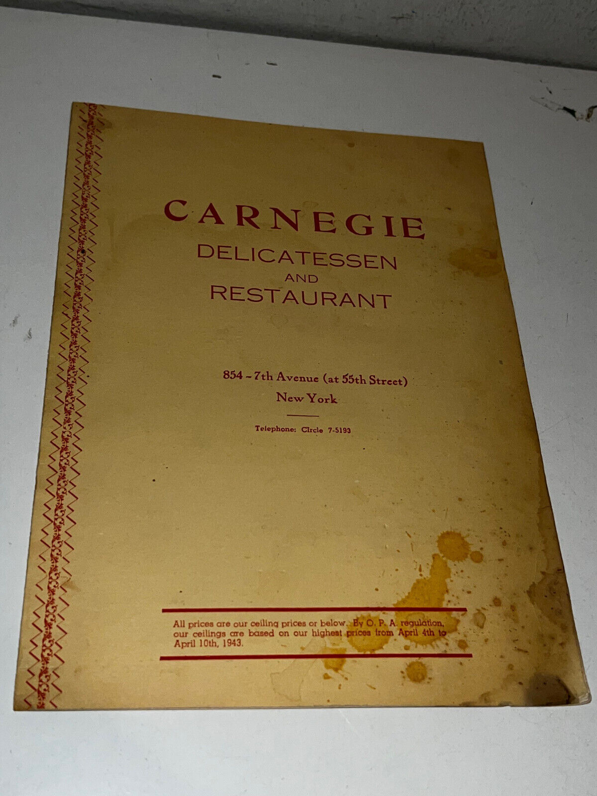 Rare 1945 Carnegie Deli Menu 854 7th Ave New York City