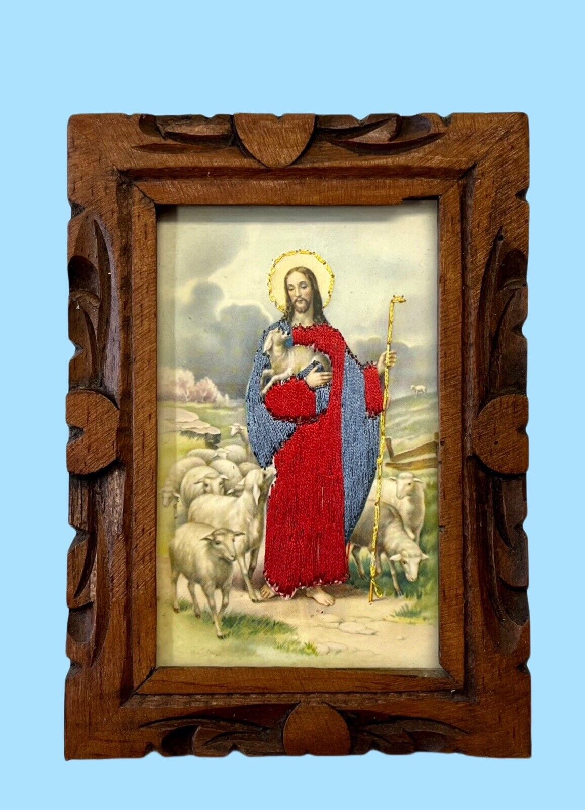 Vintage Jesus Christ The Good Shepherd Print Embroidery Wood Frame Folk Art 7\