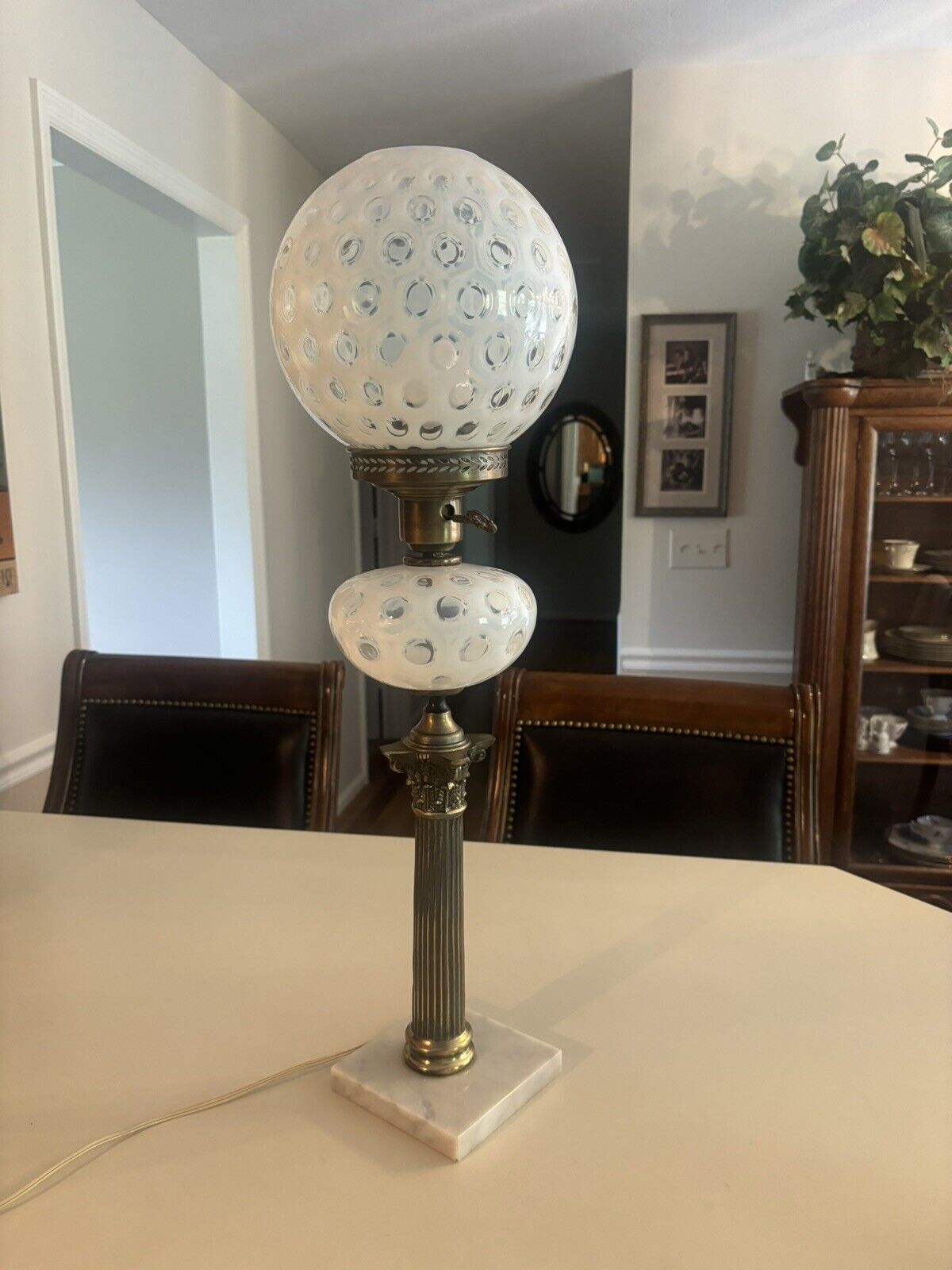 Vtg Fenton Table Lamp White Coin Dot Art Glass Brass & Marble Base MCM
