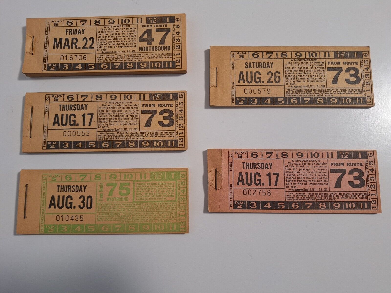 Lot of 125 Vintage Philadelphia Transportation CO. Transfer Tickets