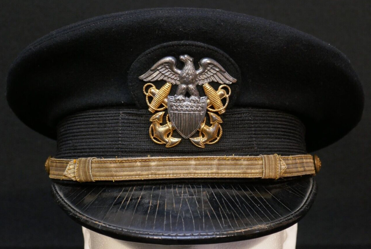WWII USN Navy Officers Service Visor Hat Wartime Named 'Charles Robert Butler'