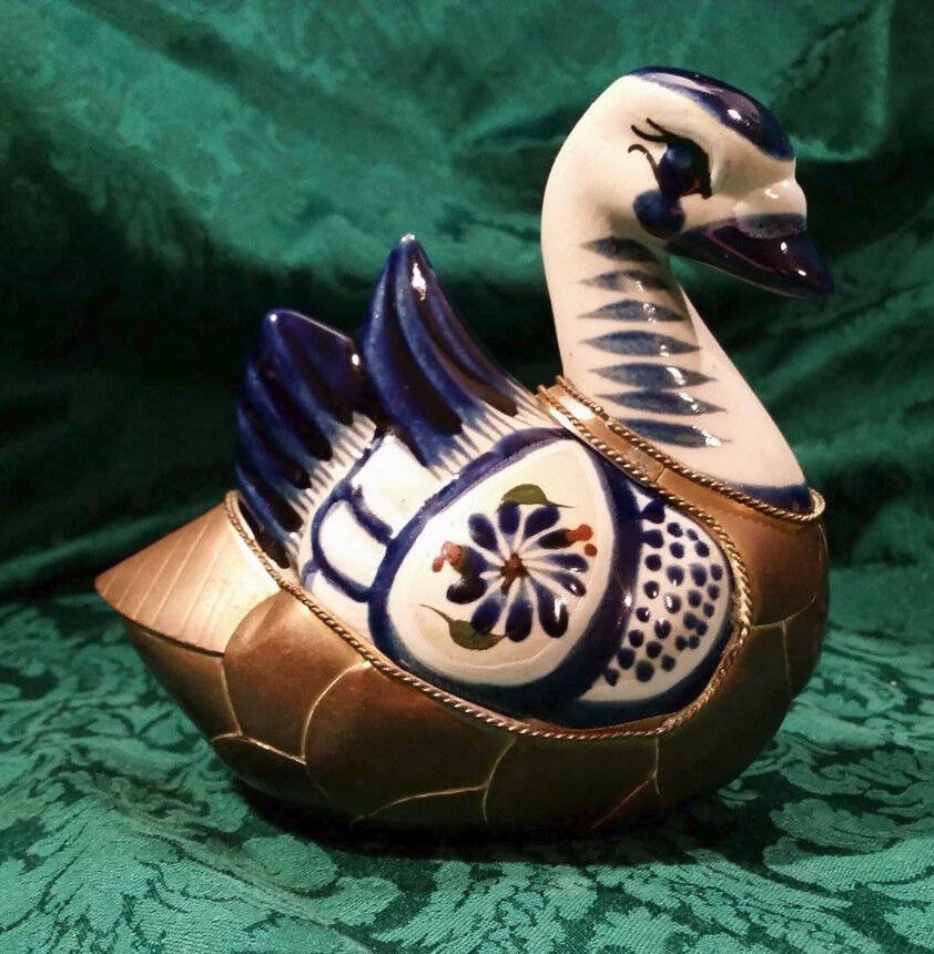 Vintage Mexican Tonala Ceramic Pottery  Metal Brass Hand Painted Swan Duck Bird 