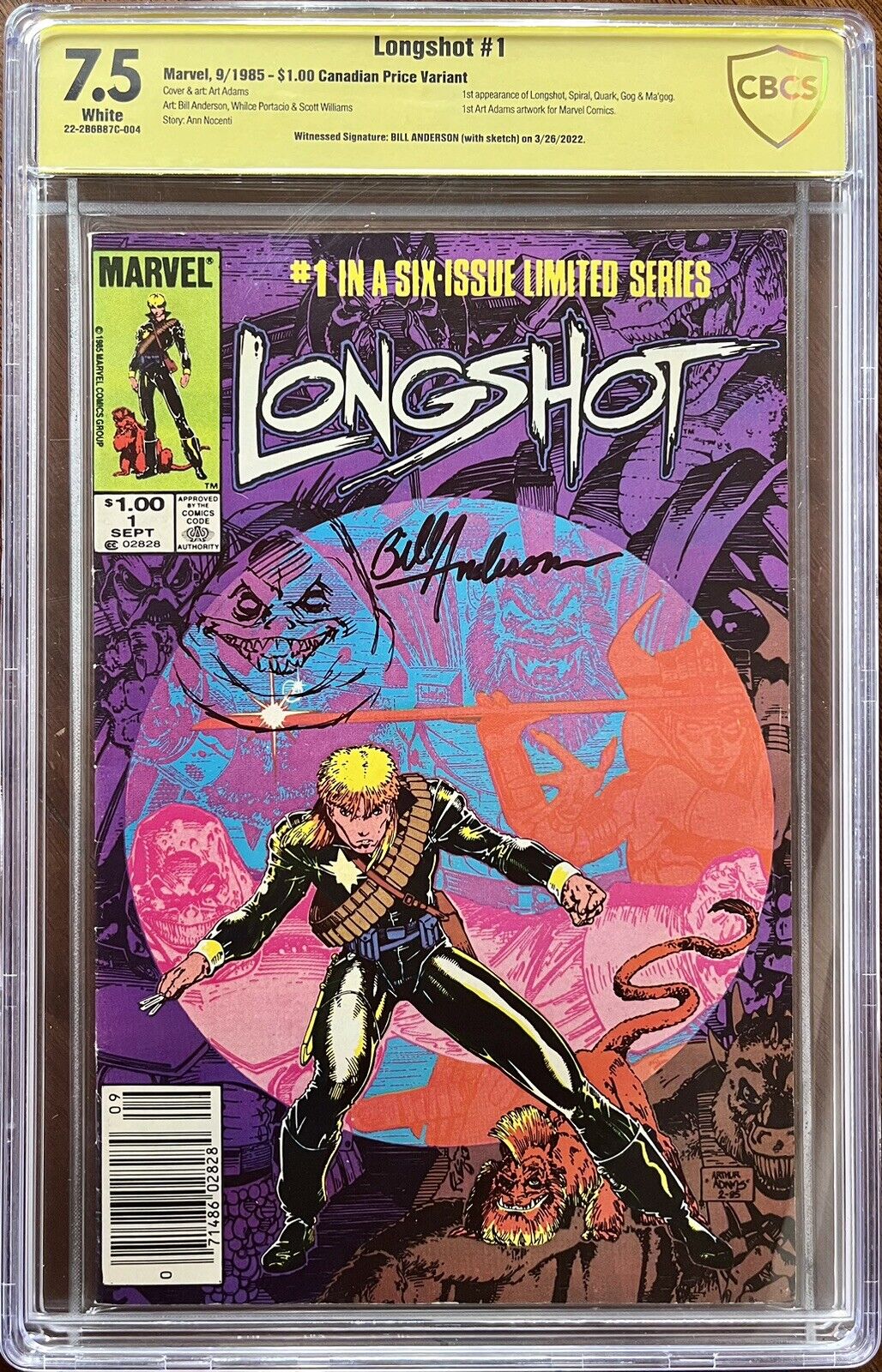 Longshot #1 Marvel Canadian Price Variant - CBCS 7.5 - SKETCHED by Bill Anderson