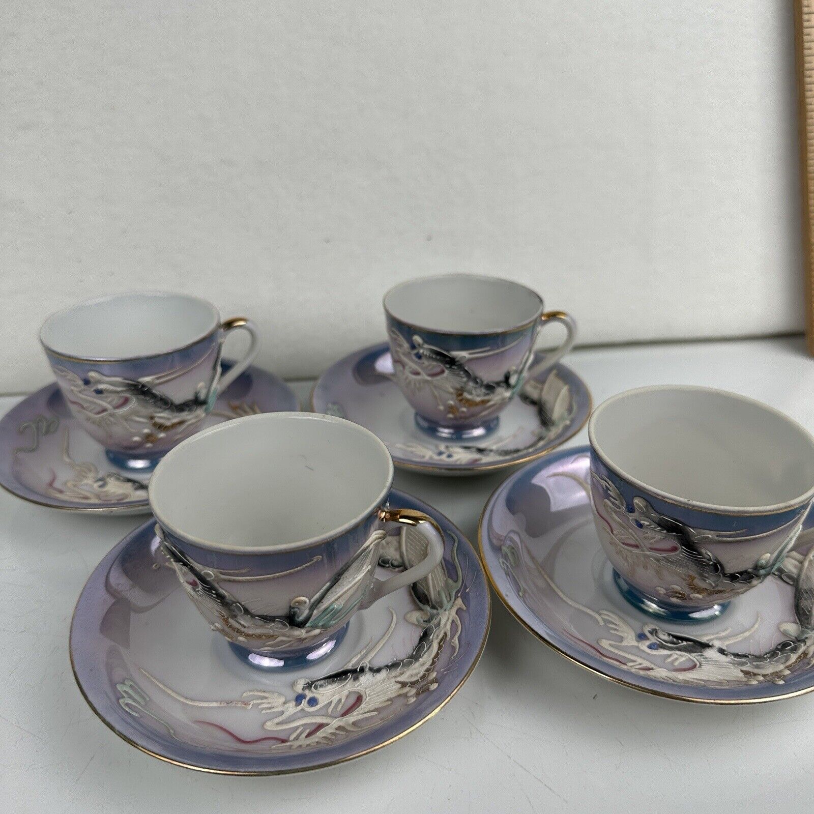 Dragon Ware BLUE Eyed Dragon Moriage Style Tea Cup & Saucer Set of 4 - 8 Pieces