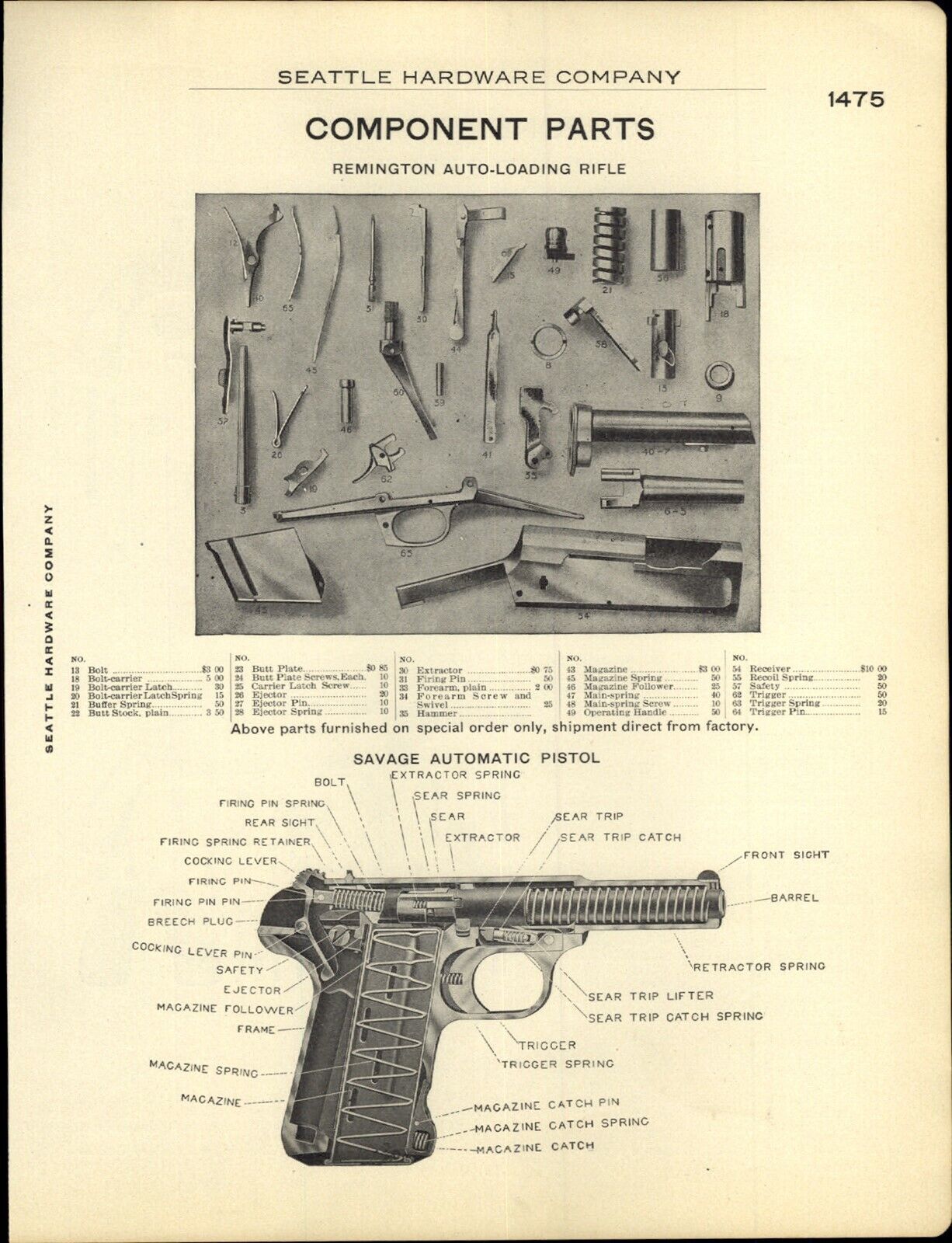 C. 1914 PAPER AD Parts Repair List Remington Auto Loading Rifle Savage Pistol