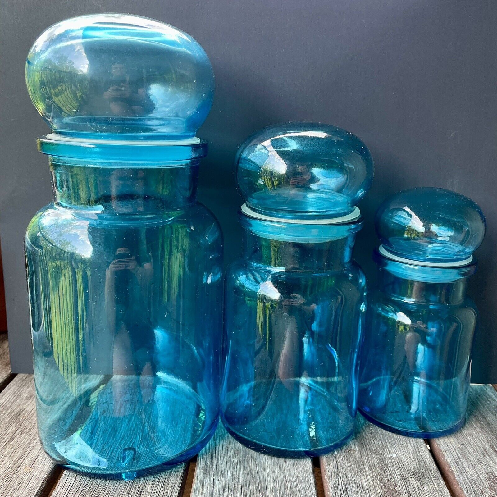 Set of 3 Vintage Blue Glass Jars Canisters With Bubble Lids Made in Belgium MCM