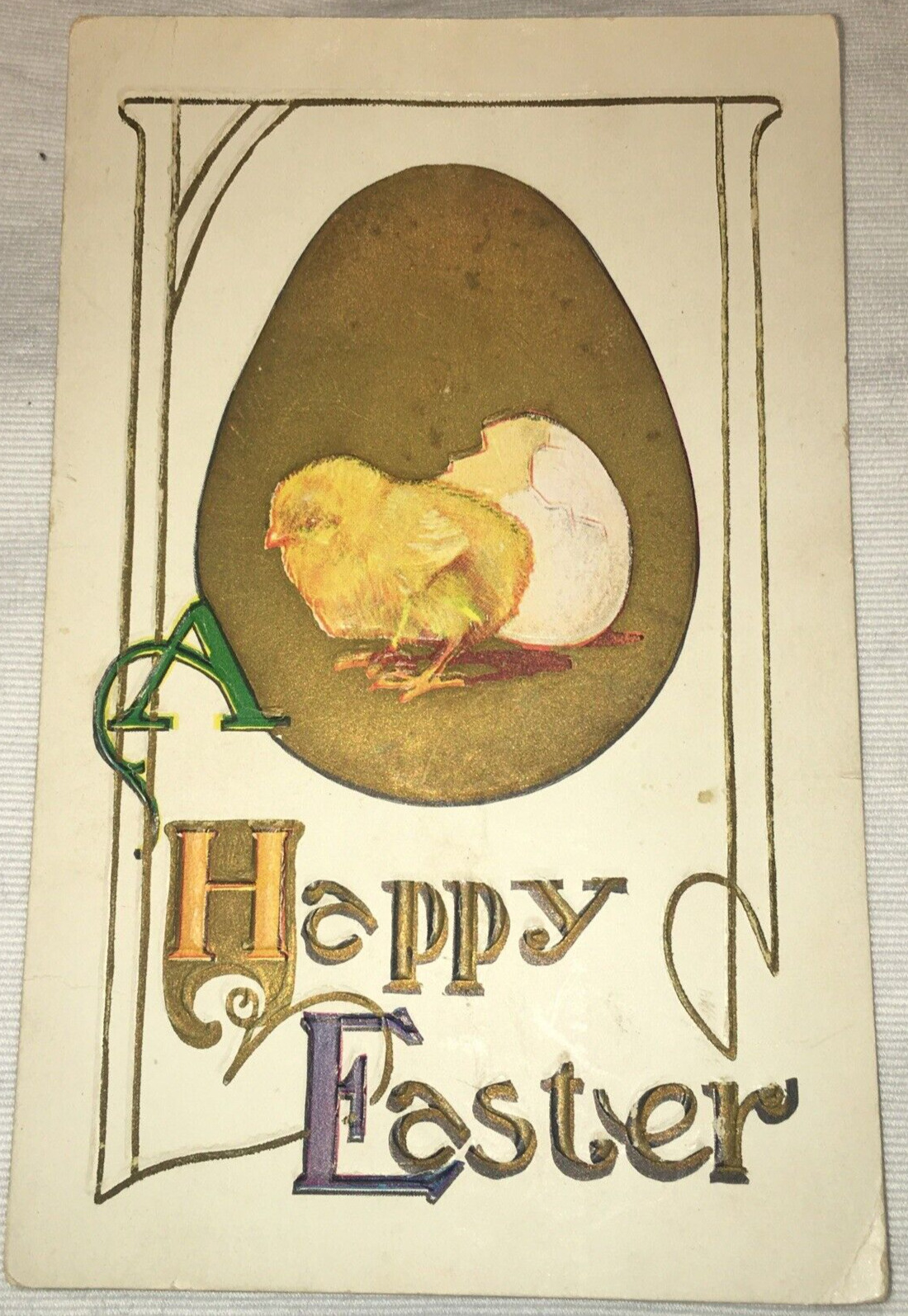 Vintage Happy Easter Postcard Deco Golden Egg Chick USA