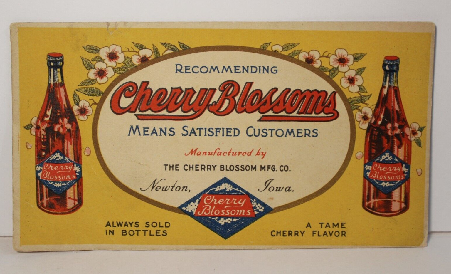Rare 1920s Old Vintage Cherry Blossoms Bottle Soda Advertising Card Newton Iowa