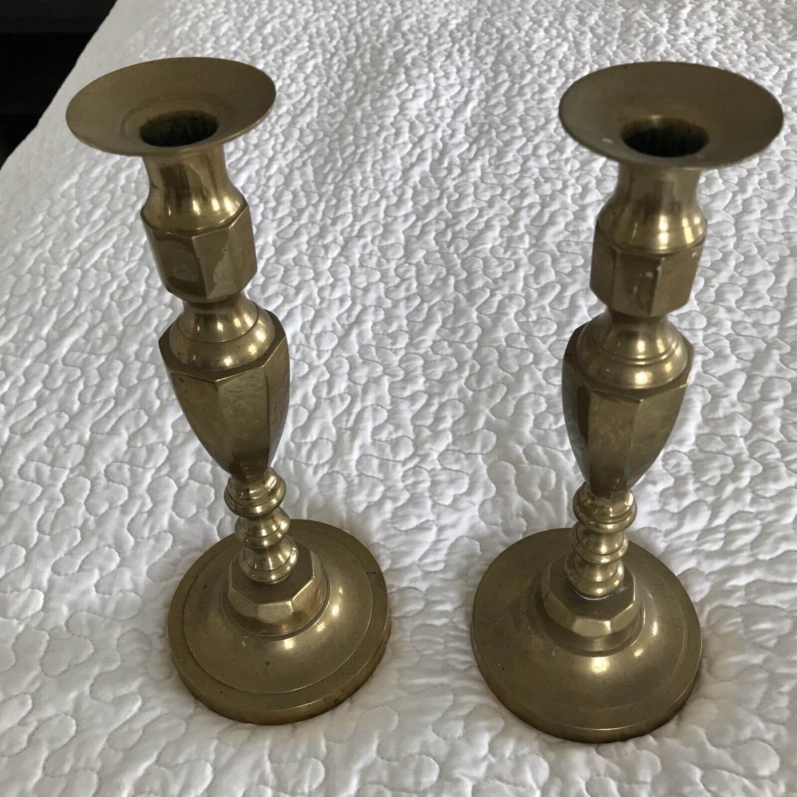 Heavy Brass Candlesticks 11” Tall 1.5 Lbs Each Dining Table Sideboard VIntage