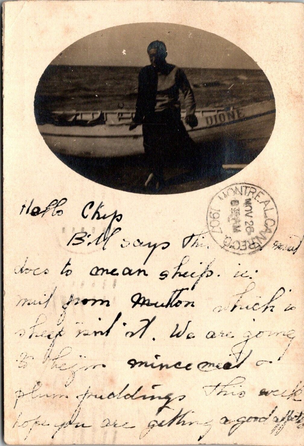 VINTAGE POSTCARD REAL PHOTO RPPC OF J. BRIGGS BESIDE KAYAK MAILED MONTREAL 1907