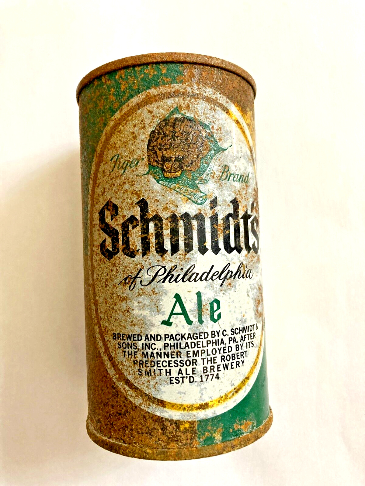 Schmidt’s Tiger Brand Ale Flat Top Beer Can Bottom Opened Empty