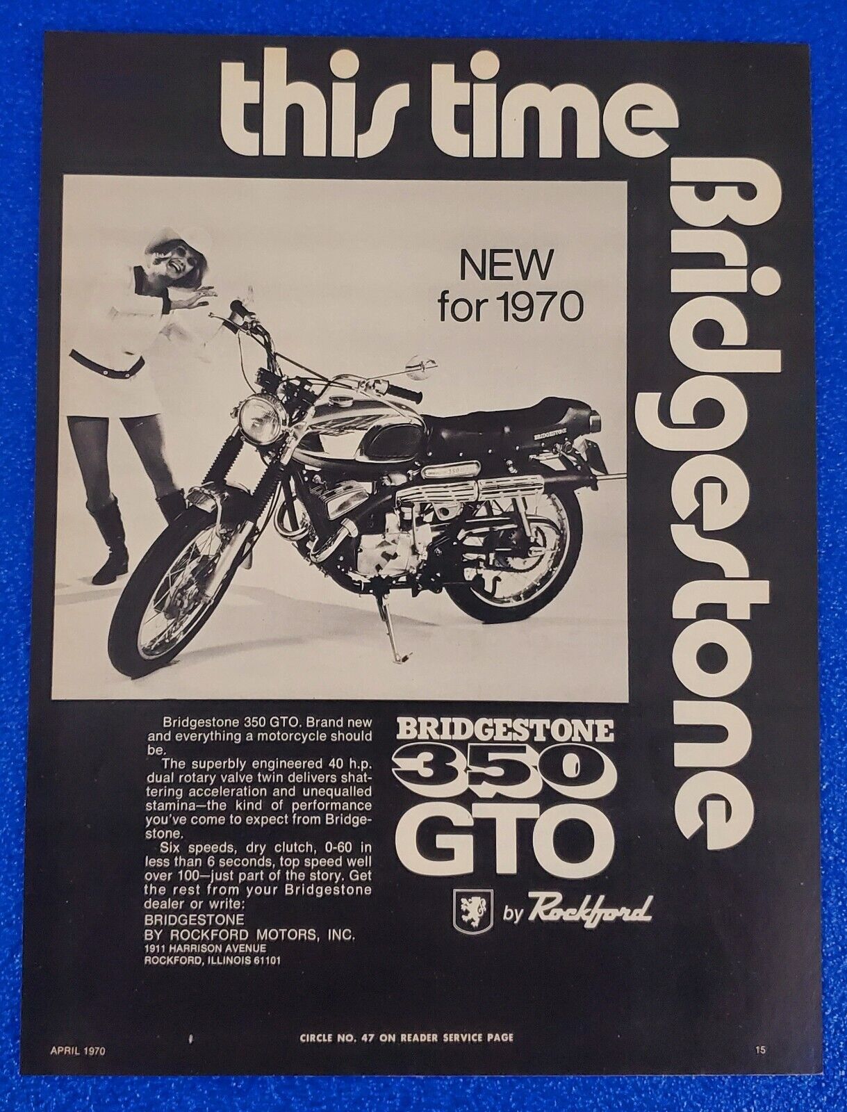 1970 BRIDGESTONE 350 GTO JAPANESE MOTORCYCLE ORIGINAL PRINT AD DUAL ROTARY ENG.