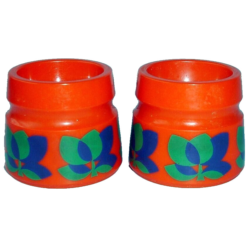 Vintage Emsa Bologna Orange Hard Plastic Egg Cups SET/2 Floral Print W. Germany