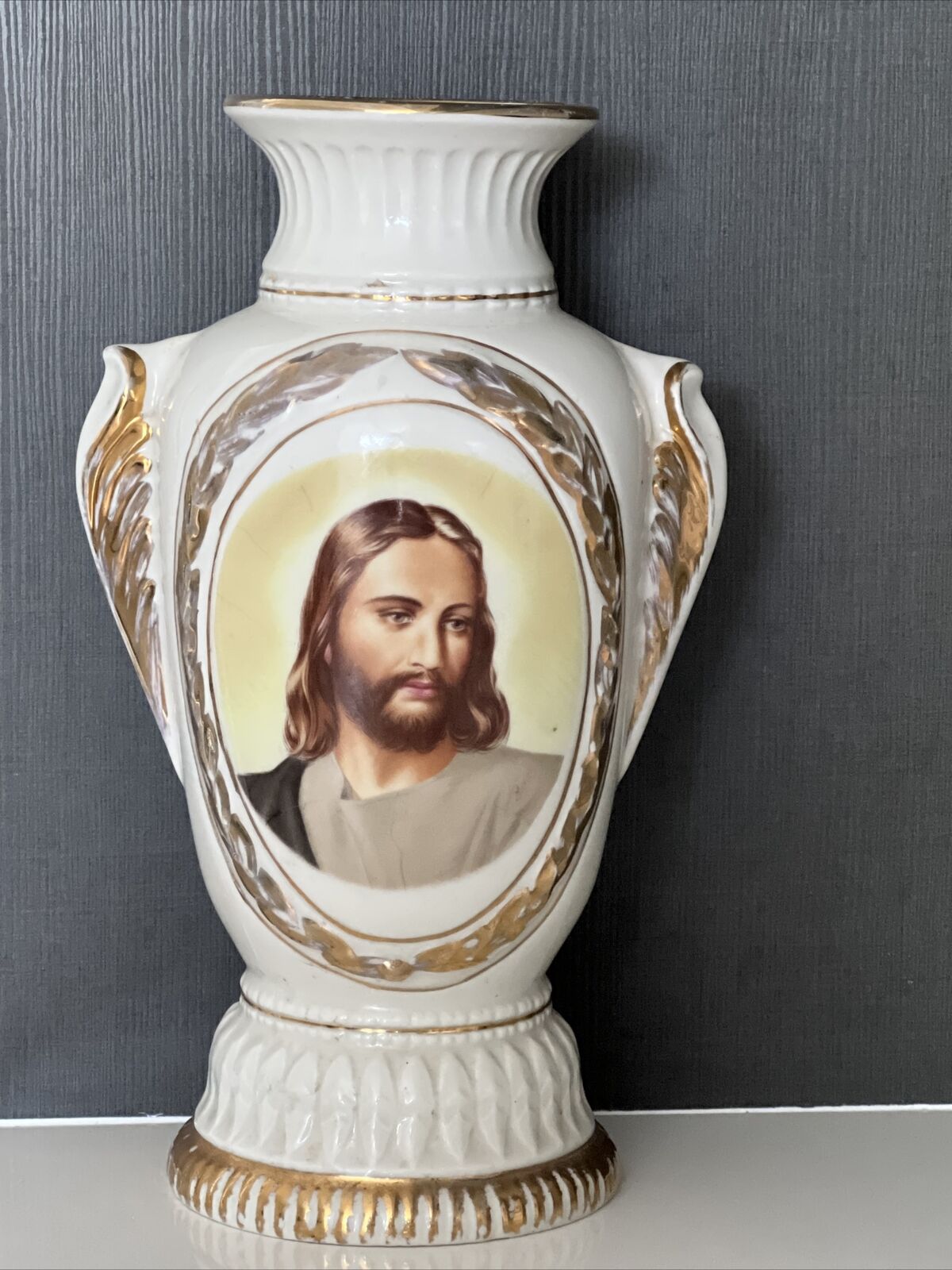 Rare antique large Church Altar vase JESUS 13 1/2” Tall