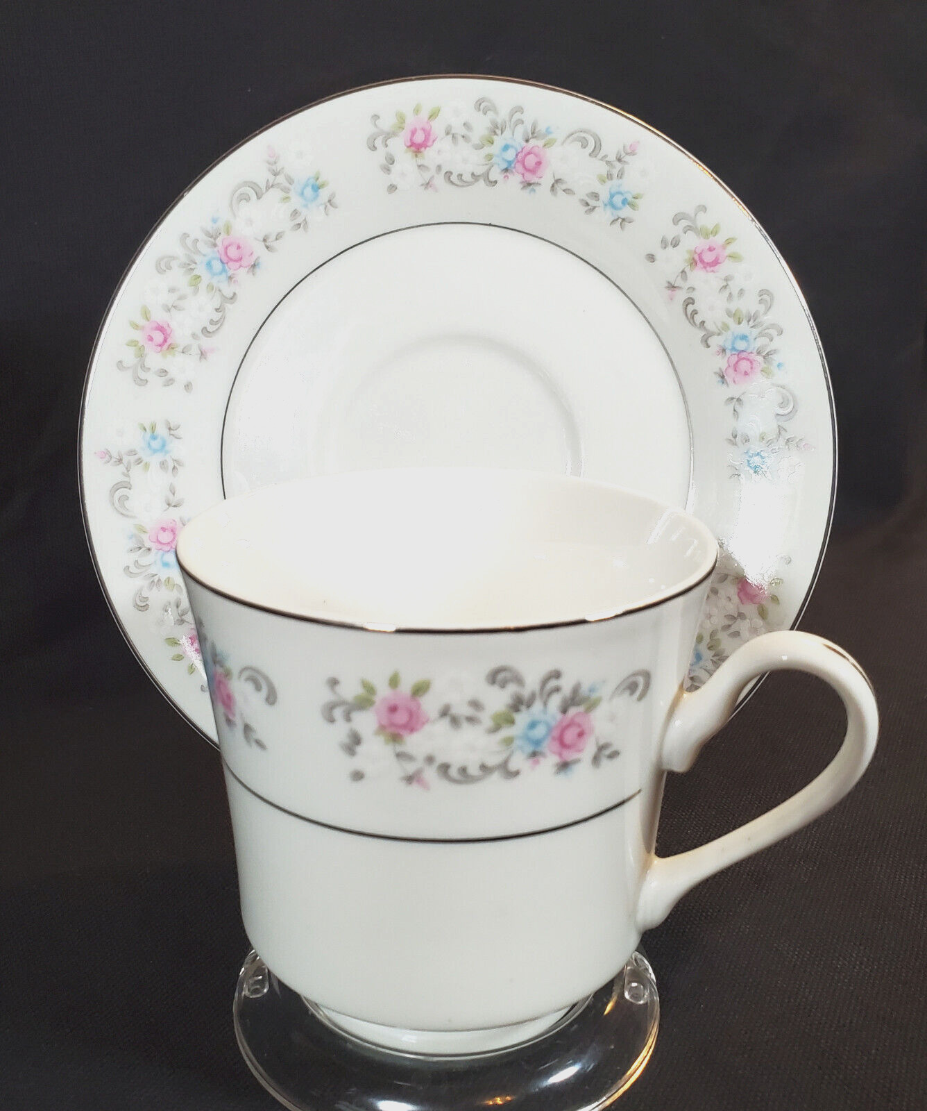Vintage Hebei Tea Cup Porcelain w/ Pink ,Blue, and White Flowers Silver Trim