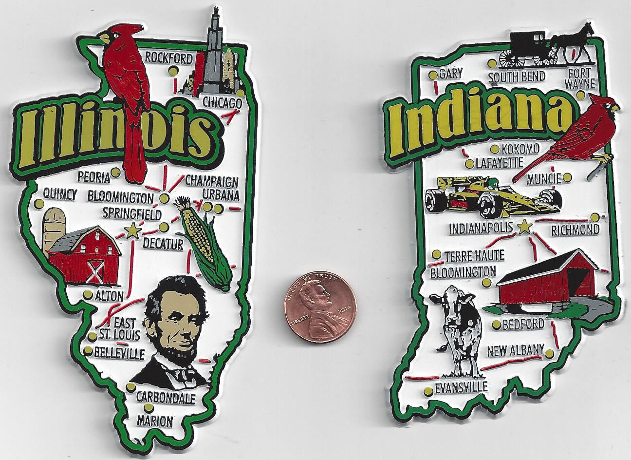     INDIANA and ILLINOIS JUMBO  STATE  MAP  MAGNETS 7 COLOR     
