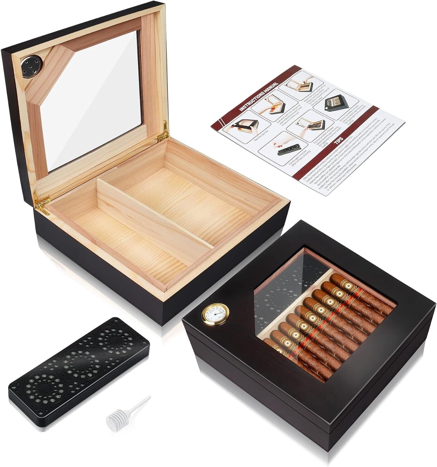 Executive Desktop Glass Top 25 Cigar Humidor Hygrometer Black Walnut Box Gift