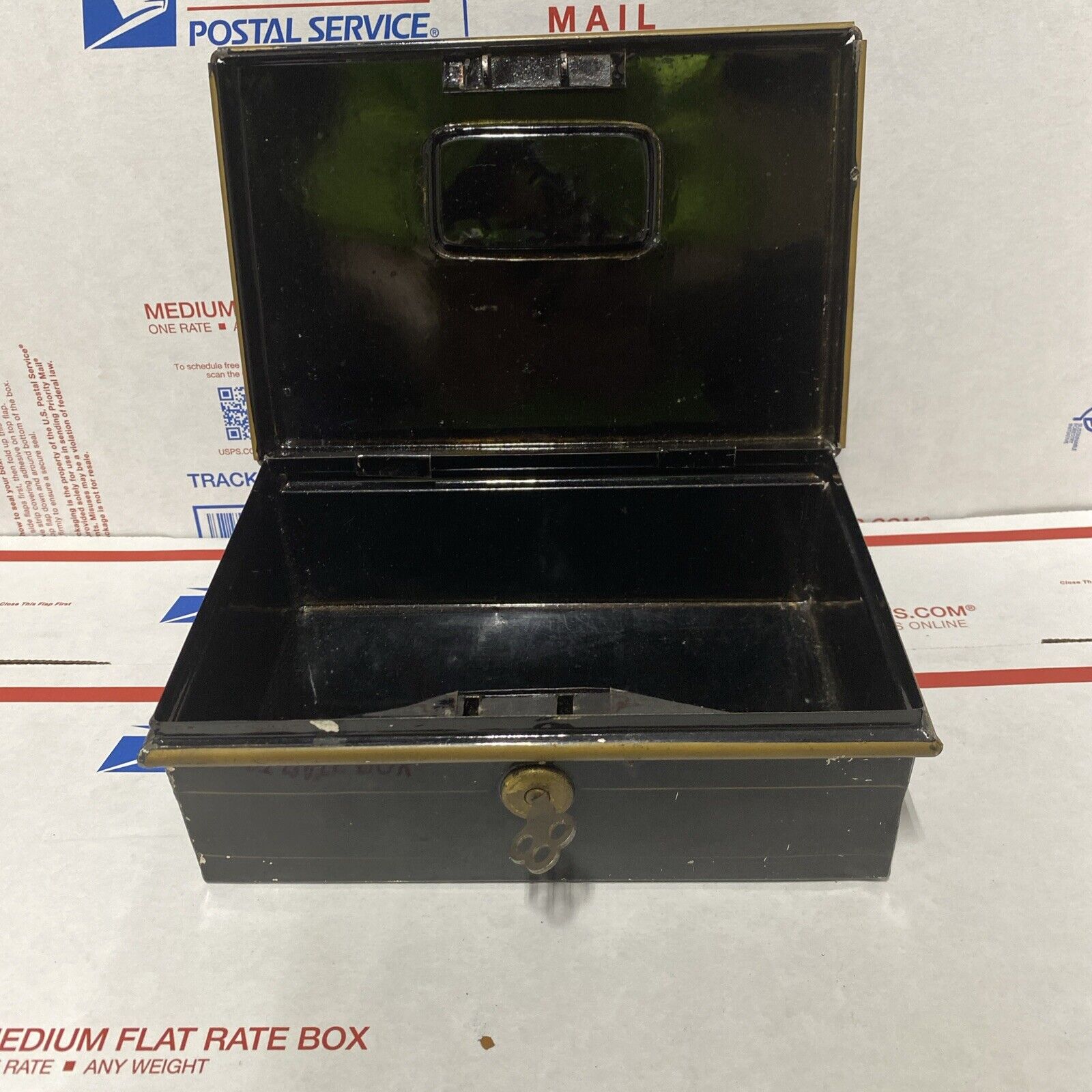 Antique Black Small Tin Cash Box 8  1/4”x 3  1/4” X 5  1/2” Yale & Town Key