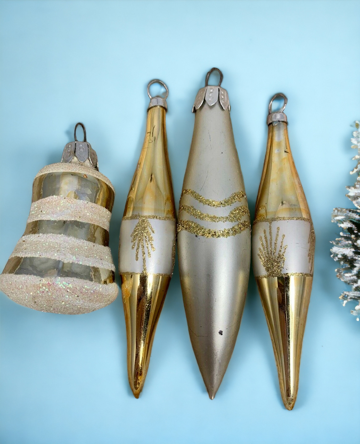 Vintage Christmas Mini Glass Mercury Ornaments Silver & Gold Teardrop & Bell