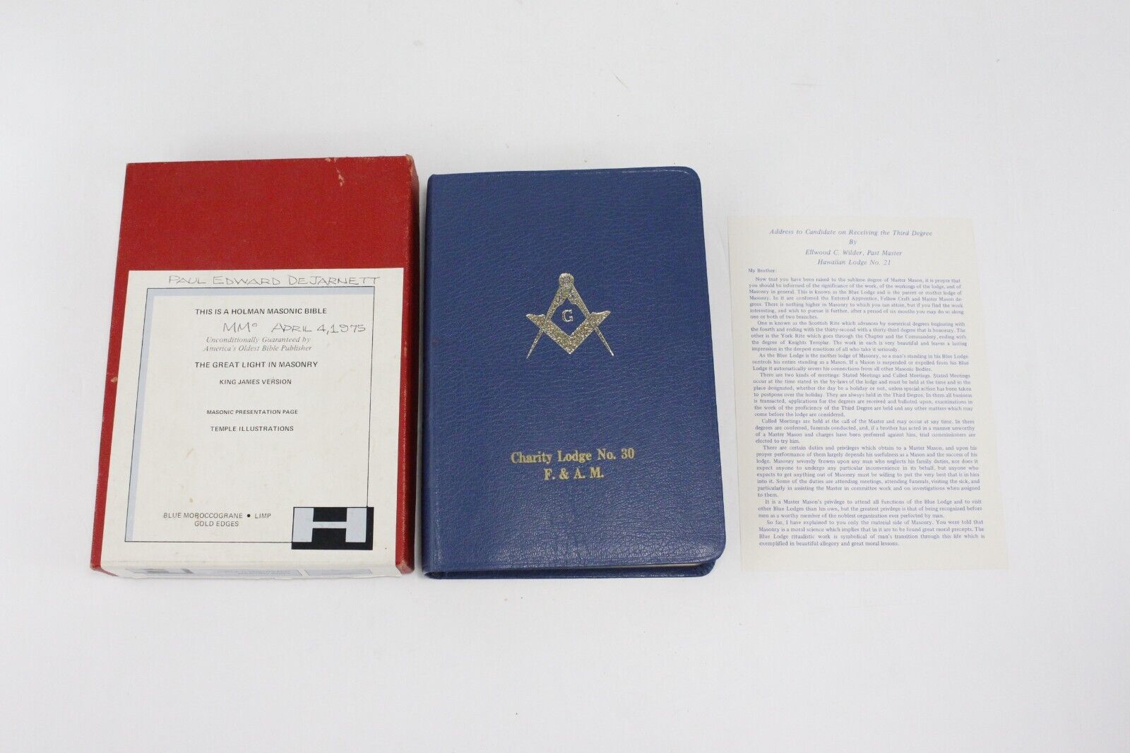 1968 Holman Blue Leather Masonic Bible Illustrated w Box Charity Lodge #30 F&M