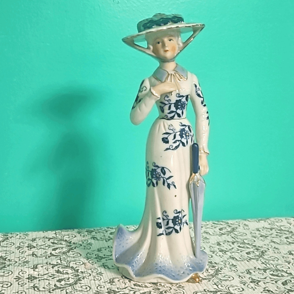 Antique Victorian Lady Figurine Blue Gold Parisol Old KPM Porcelain