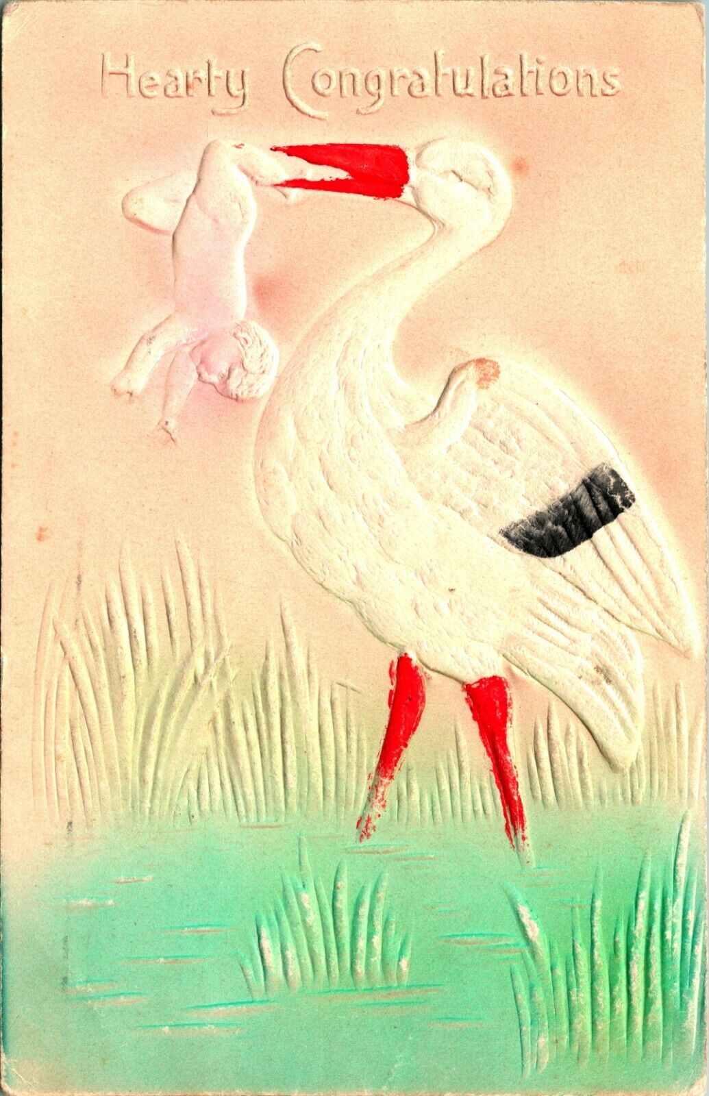 Hearty Congratulations Stork Delivering Baby Embossed Air Brushed Postcard 1910