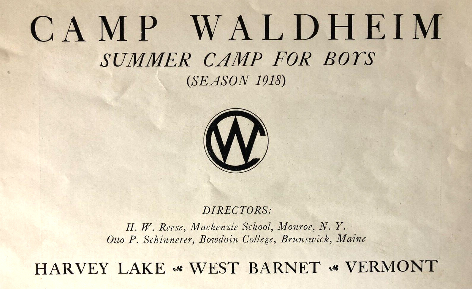 1918 Catalog CAMP WALDHEIM for BOYS Harvey Lake West Barnet Vermont cost $200