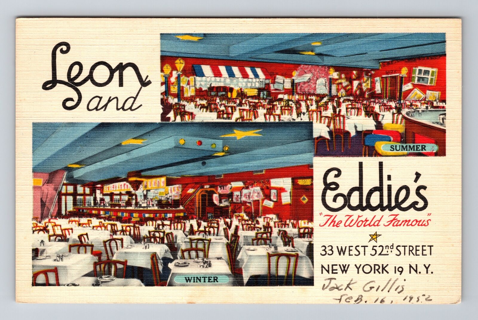 NYC, NY-New York, Leon and Eddie's Restaurant 33 West-52nd St., Vintage Postcard