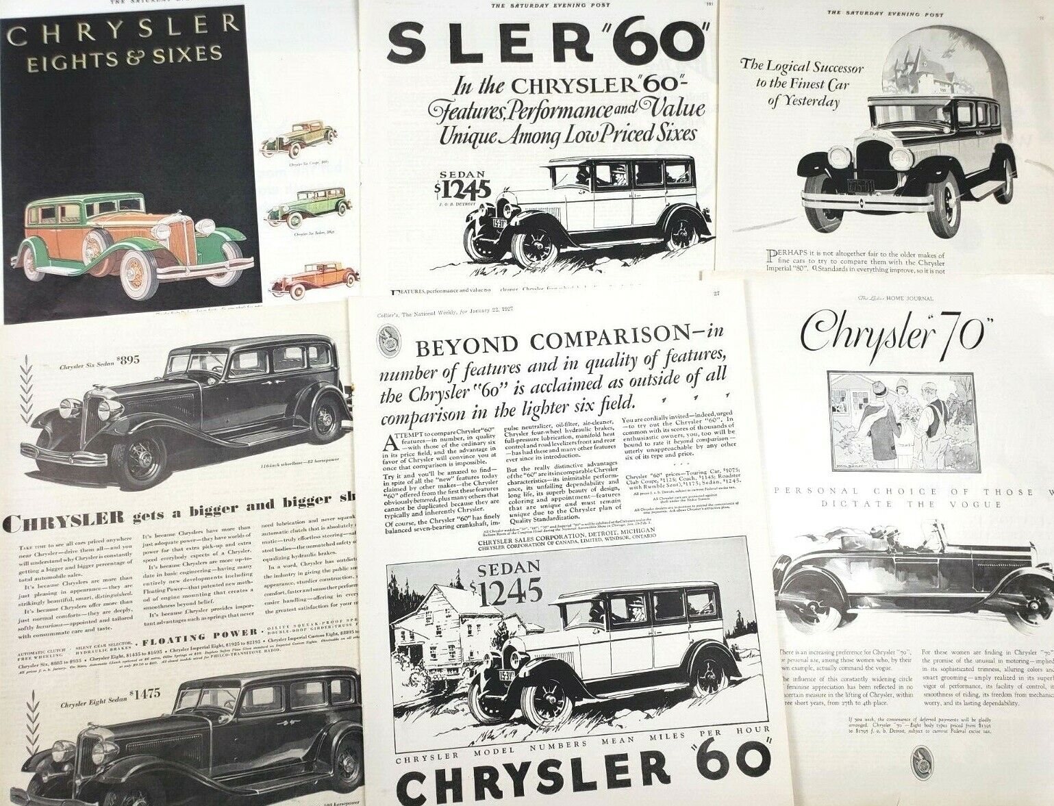 Chrysler Vintage Lot of 6 Car 20s 30s Motor Magazine Print Ad Imperial Auto