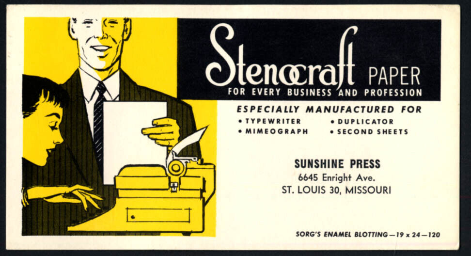 Stenocraft Paper blotter Sunshine Press St Louis MO ca 1950s