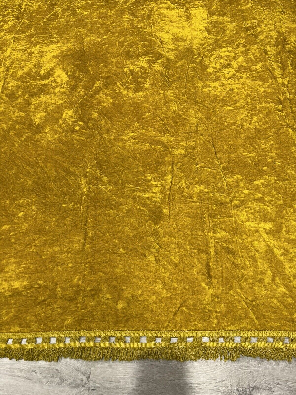 Vintage MCM Gold Crushed Velvet Bedspread With Fringe, Queen/ Full 92” X 193”