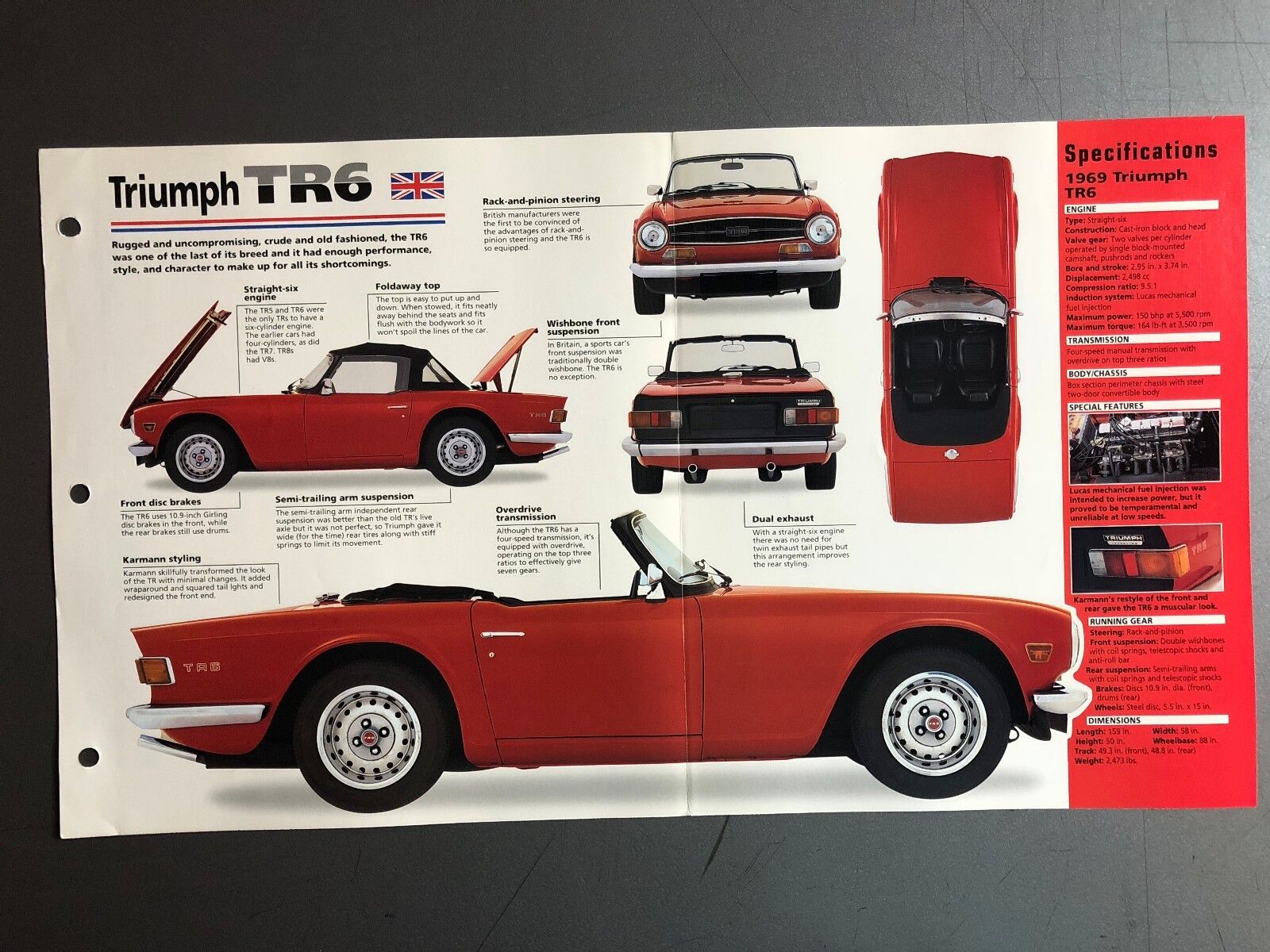 1969 - 1976 Triumph TR6 Roadster Poster, Spec Sheet, Folder, Brochure - RARE