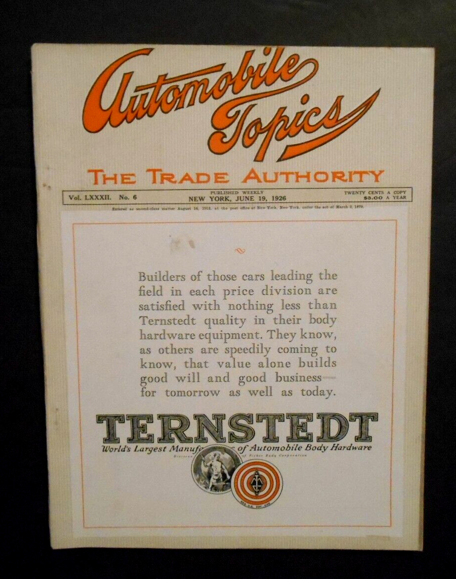 June 19, 1926 AUTOMOBILE TOPICS The Trade Authority Magazine EX Condition HTF