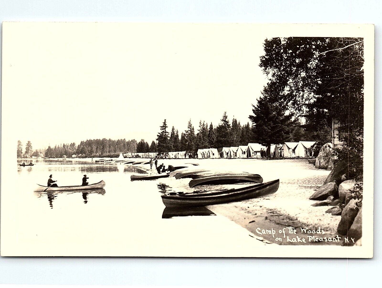 1920s SPECULATOR NY CAMP-OF-THE-WOODS TENTS BOATING SHORE RPPC POSTCARD P2846