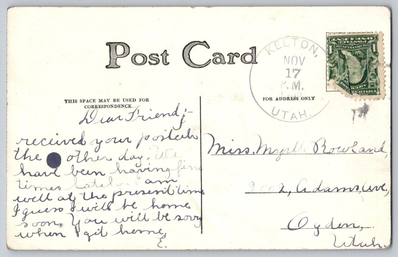 Antique Postcard~ Chicago Park Scene~ 1912 Nov. 17th Kelton, Utah Cancel