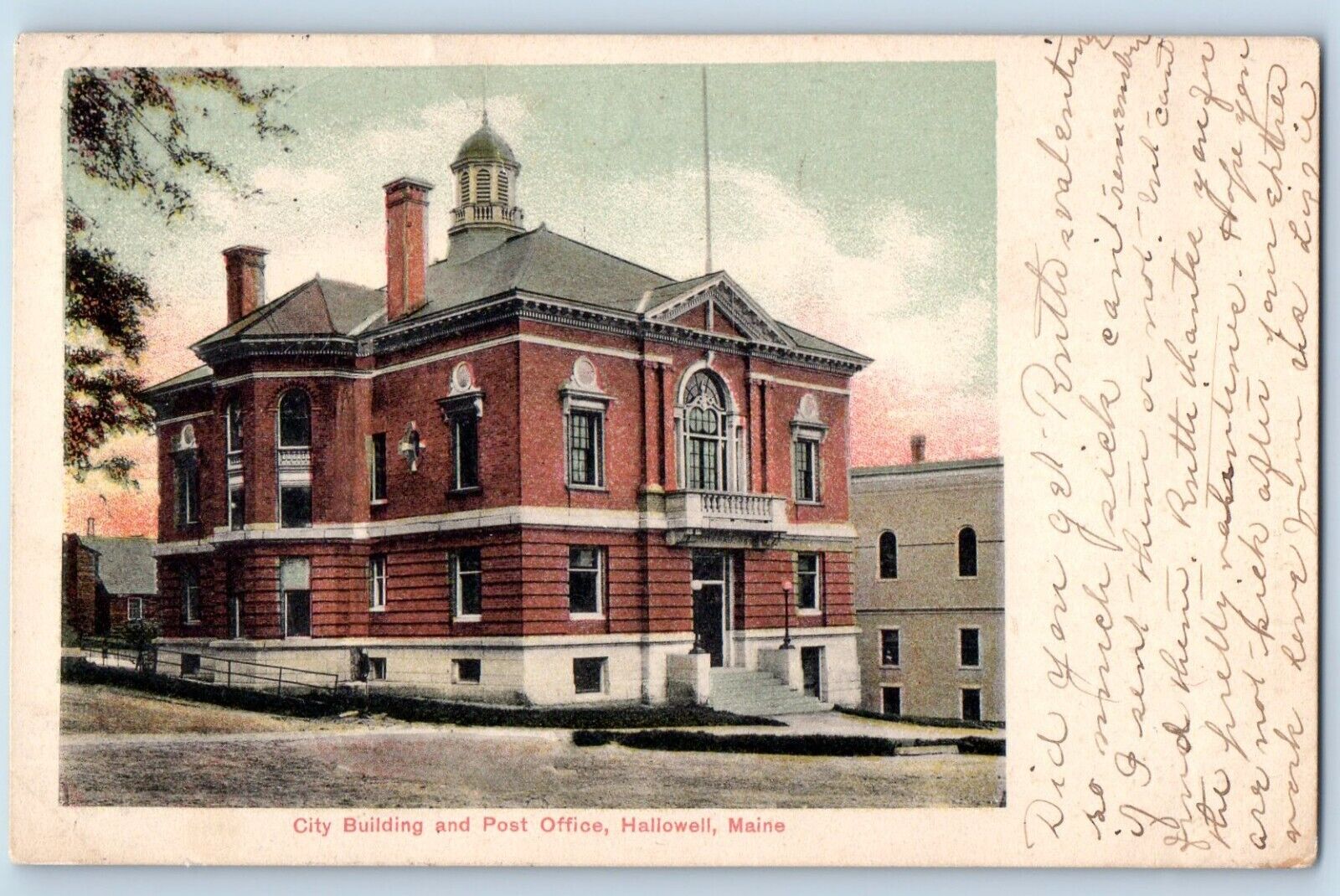 Hallowell Maine Postcard City Building Post Office Exterior 1909 Posted Vintage