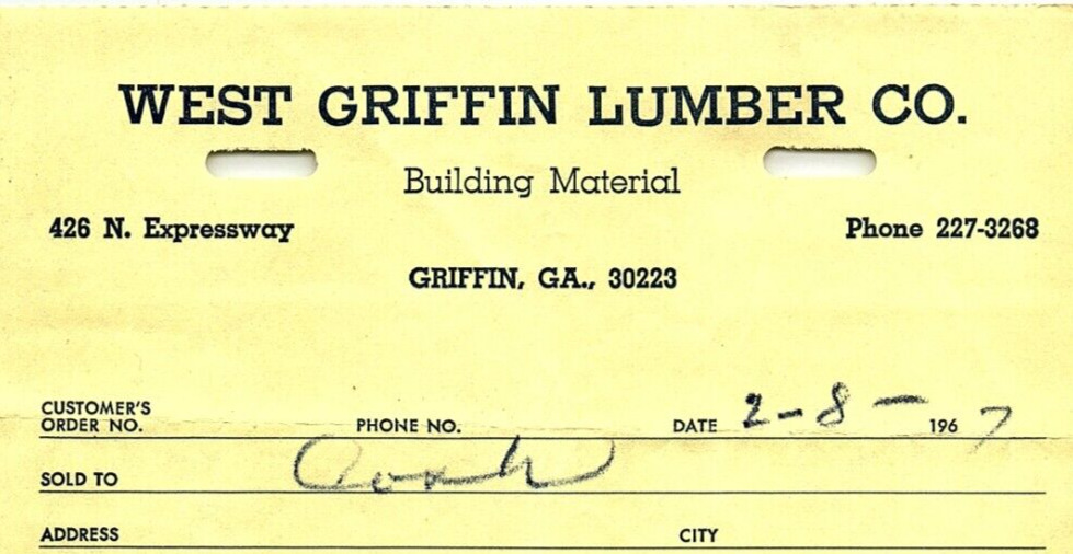 1967 GRIFFIN GEORGIA WEST GRIFFIN LUMBER CO BUILDING MATERIAL INVOICE Z903