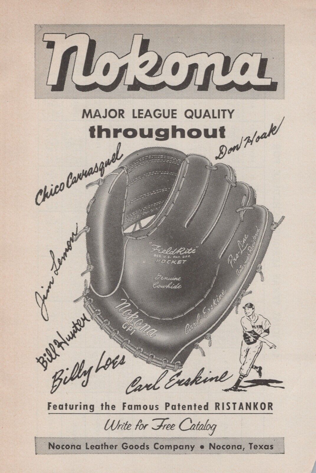 1957 Nokona Nocona Leather Goods Baseball Glove Mitt • Magazine Print Ad 1950s