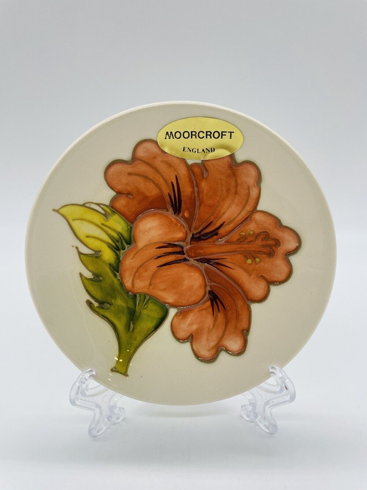 Vintage Moorcroft Pottery England Orange Coral Hibiscus Porcelain Plate 4-3/4”