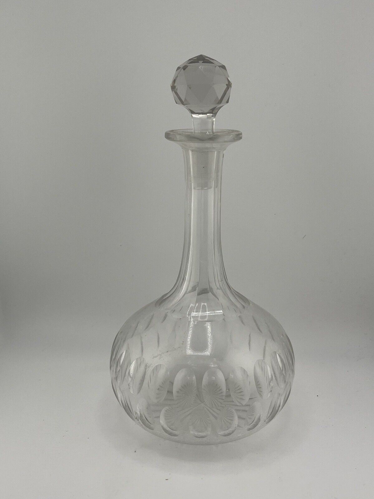 Rare Vintage Thumb Press Globular Cut Decanter Bottle Crystal Stopper Clear