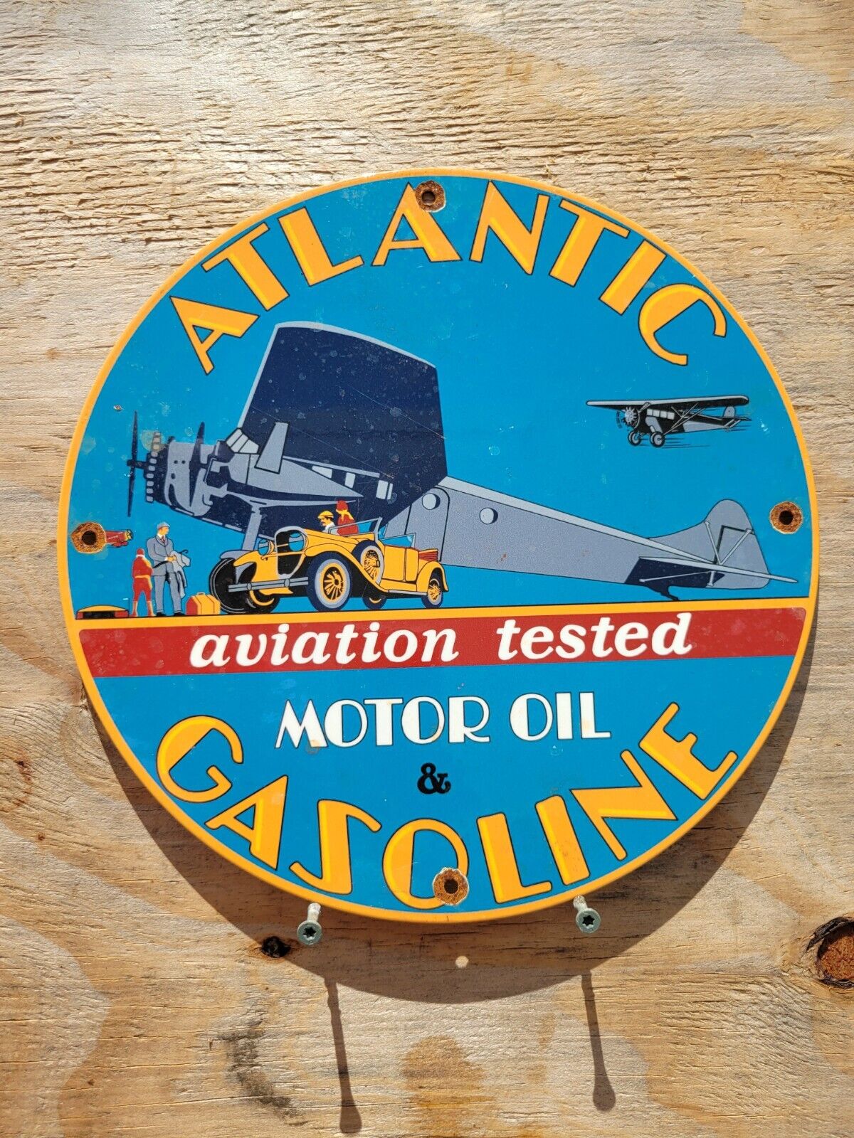 VINTAGE ATLANTIC GASOLINE PORCELAIN SIGN AVIATION MOTOR OIL GAS FLYING SERVICE