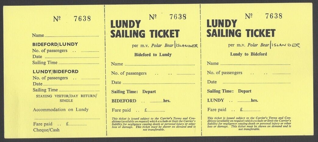 AOP GB LUNDY Sailing Ticket Bideford to Lundy & return